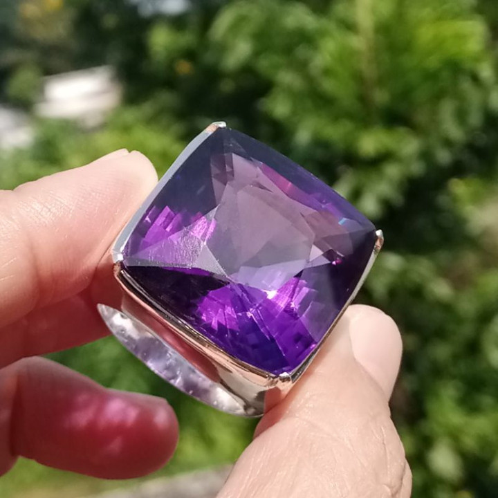 本物のアメジストリング | 55.5カラット | スターリングシルバー | サイズ60