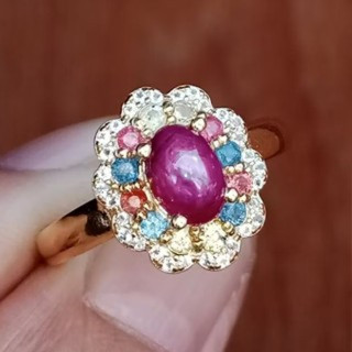 輝くルビーとサファイアのスターリングシルバーリング（サイズ56）