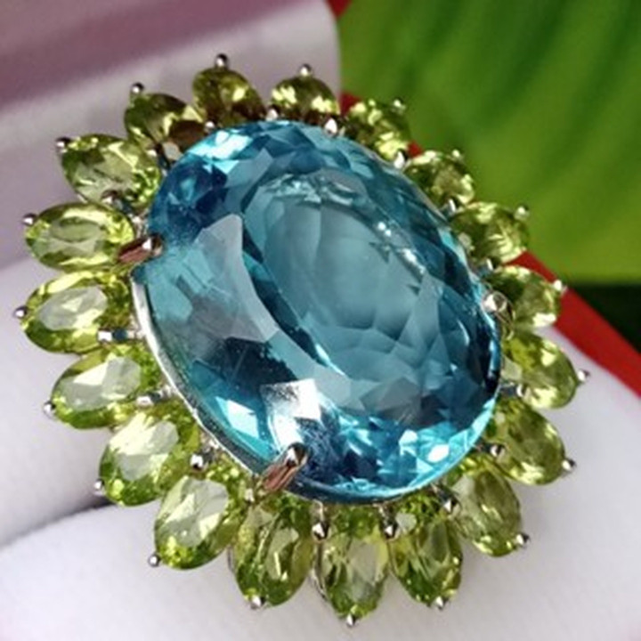 ブルートパーズとペリドットのスターリングシルバーリング
