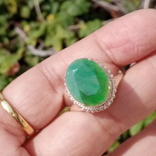 本物のビルマ産翡翠リング | サイズ59 | ファセットカット認定スターリングシルバー
