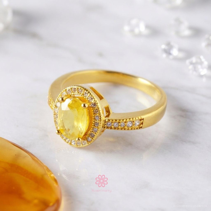 イエローサファイアリング | 925スターリングシルバー、ゴールドメッキ、サイズ56