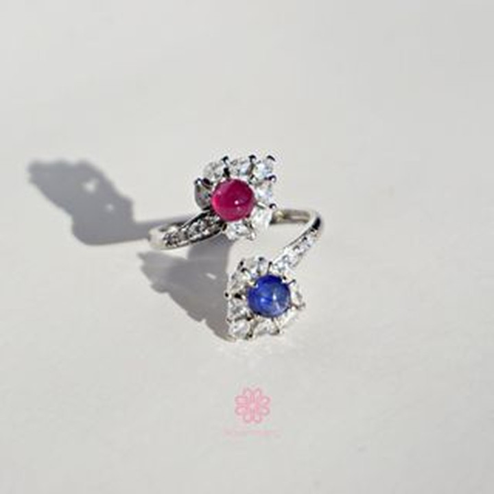 サファイアとルビーのスターリングシルバーリング - サイズ調整可能