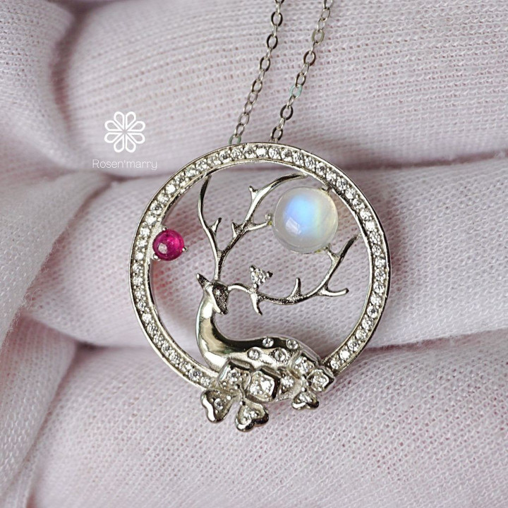 ブルームーンストーンとルビーのスターリングシルバーネックレス - Rosen'marry RN133
