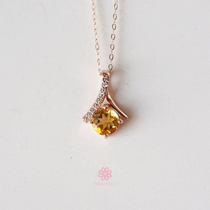 シトリンペンダントネックレス｜925スターリングシルバー、ピンクゴールド