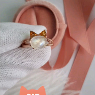 レインボームーンストーンとシトリンの猫モチーフリング | 925スターリングシルバー