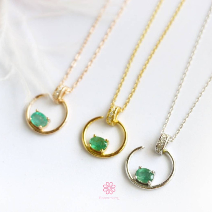 スターリングシルバー製エメラルドペンダントネックレス - RN030