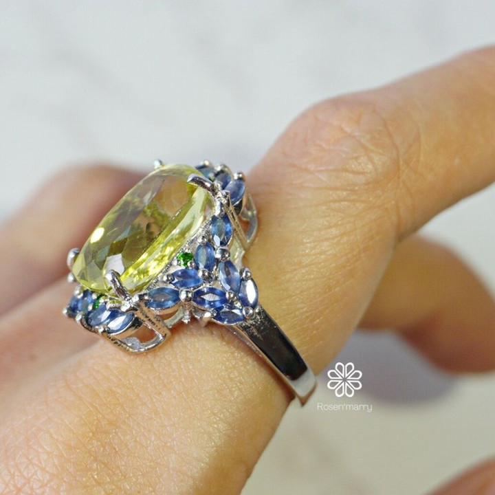 レモンクォーツとサファイアのリング | 9金スターリングシルバー サイズ60