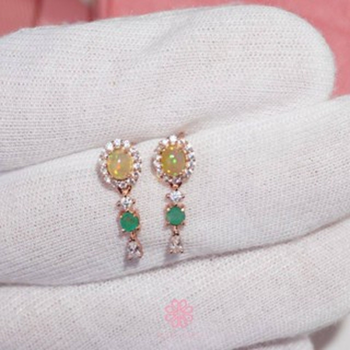 本物のオパールとエメラルドのドロップピアス｜スターリングシルバー｜ピンクゴールド