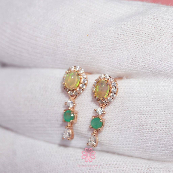 本物のオパールとエメラルドのドロップピアス｜スターリングシルバー｜ピンクゴールド