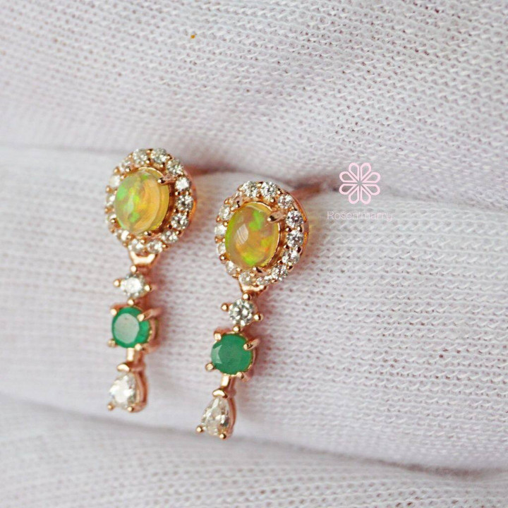 本物のオパールとエメラルドのドロップピアス｜スターリングシルバー｜ピンクゴールド