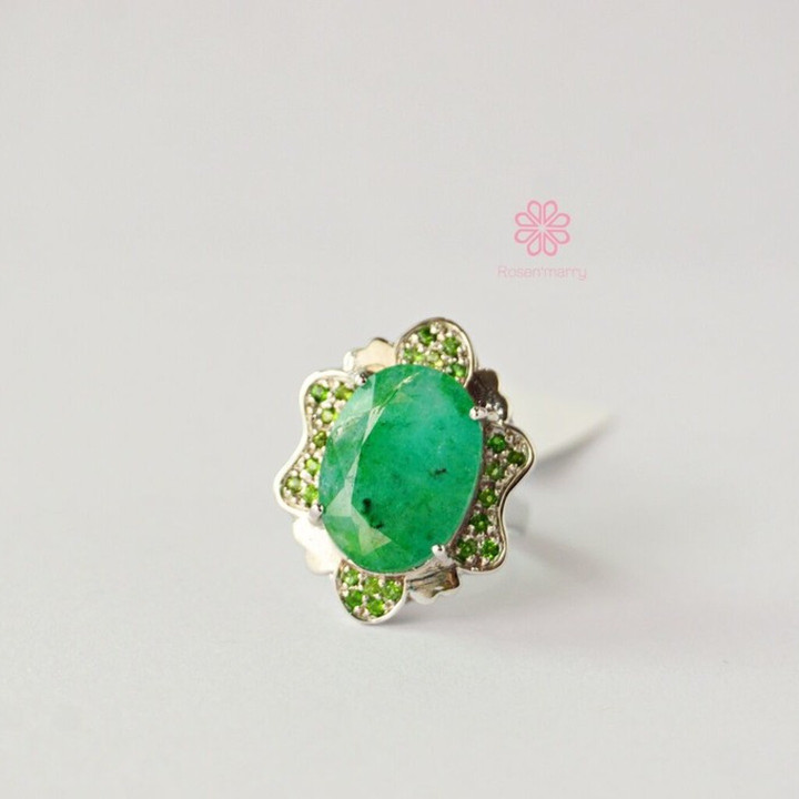 9カラットエメラルドリング｜スターリングシルバー＆ホワイトゴールドメッキ｜サイズ55