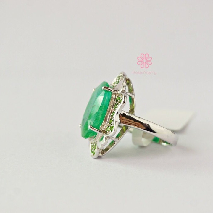 9カラットエメラルドリング｜スターリングシルバー＆ホワイトゴールドメッキ｜サイズ55