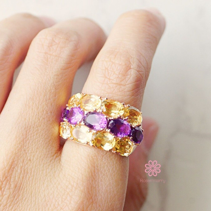 アメジストとシトリンのリング｜11カラットの天然宝石｜925スターリングシルバー