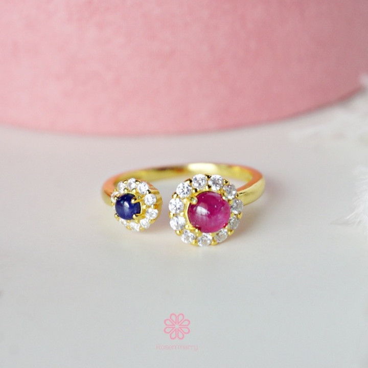ルビーとサファイアのスターリングシルバーリング｜ゴールドメッキのエレガンス