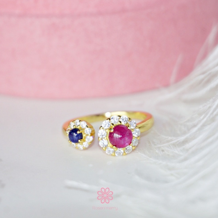 ルビーとサファイアのスターリングシルバーリング｜ゴールドメッキのエレガンス