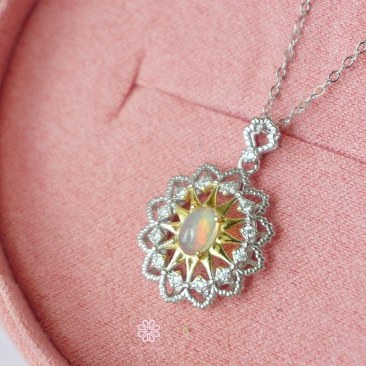 本物のオパールとピンクゴールドのネックレス - スターリングシルバー RN061