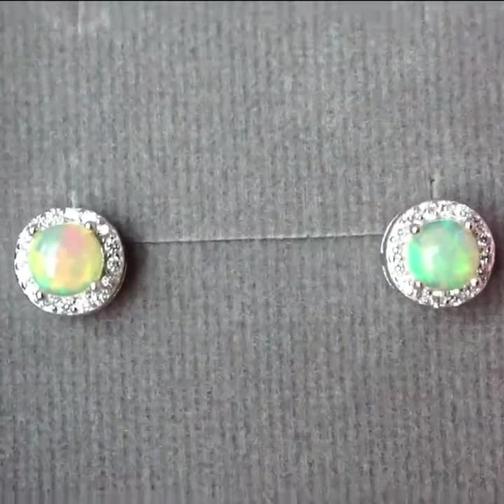 レインボーオパールとダイヤモンドのイヤリング - スターリングシルバー925