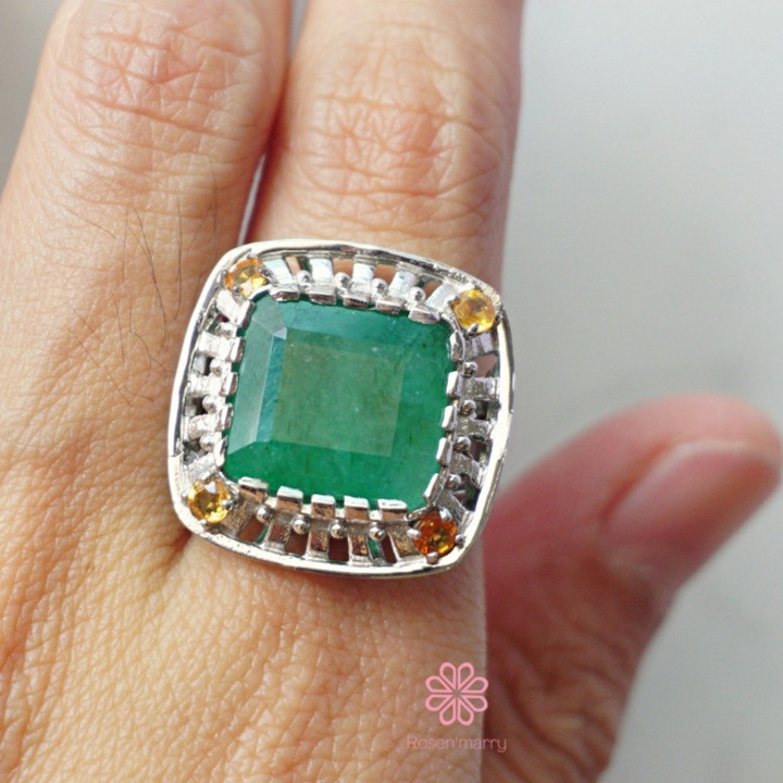 天然エメラルドリング | 10Kゴールドメッキ スターリングシルバー