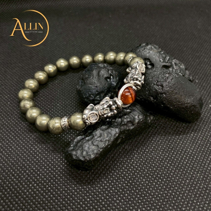 黄鉄鉱とレッドタイガーアイのブレスレット、酸化銀製貔貅チャーム付き