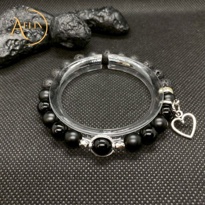 ブラック溶岩石とハートチャームのブレスレット | CL3