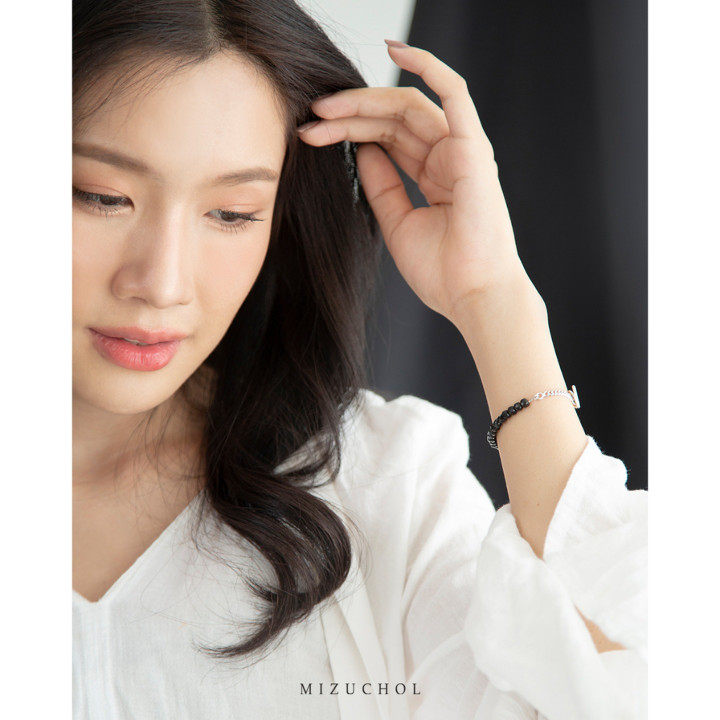 오닉스 원석 팔찌 - 스털링 실버, 화이트 골드 도금