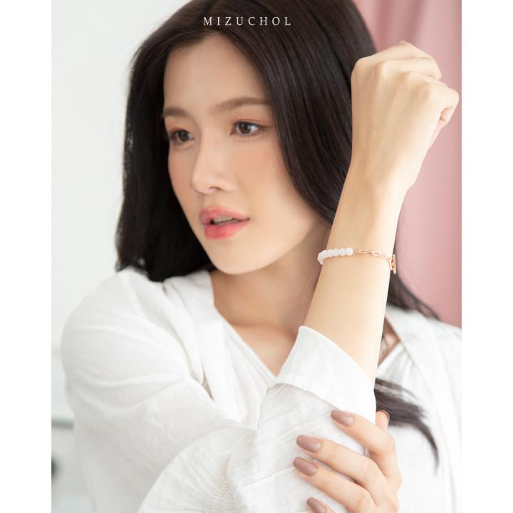 핑크 골드 도금 스털링 실버 로즈 쿼츠 참 팔찌