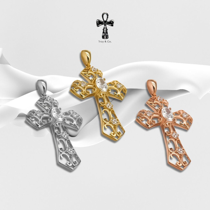 スターリングシルバー製クロスペンダント｜キュービックジルコニア、ゴールドメッキ